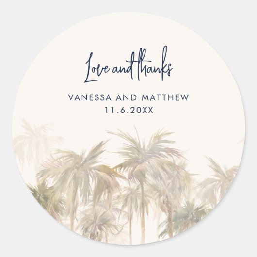 Watercolor Palmboom Script Trouw Dank Je Ronde Sticker (Voorkant)