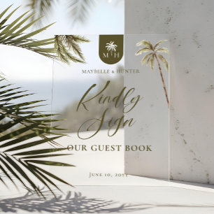 Watercolor Palmboom Trouw Monogram Gastboek Acryl Bord