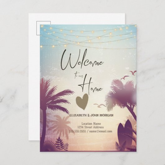 Watercolor Palmen Strand Aankondigingskaart (Voorkant / Achterkant)