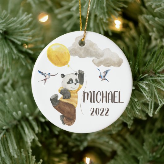 Watercolor Panda met Ballon Monogram Kind Keramisch Ornament (Boom)