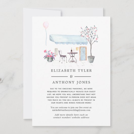 Watercolor Parijs Café Beperkte Trouwgastenlijst Aankondiging (Voorkant)