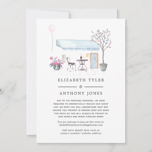 Watercolor Parijs Cafe Gereduceerde Trouwgastenlij Aankondiging (Voorkant)