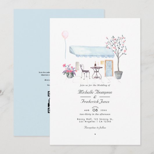 Watercolor Parijs QR Code RSVP Huwelijk Kaart (Voorkant / Achterkant)