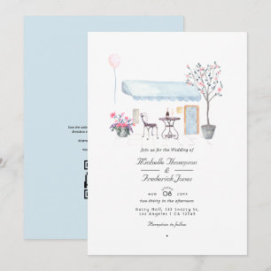 Watercolor Parijs QR Code RSVP Huwelijk Kaart