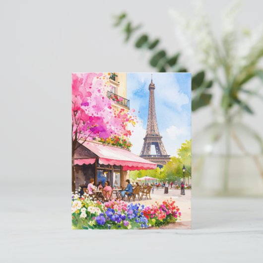 Watercolor Paris Eiffel Tower & Cafe Retro Briefkaart (Staand voorkant)