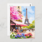 Watercolor Paris Eiffel Tower & Cafe Retro Briefkaart (Voorkant / Achterkant)