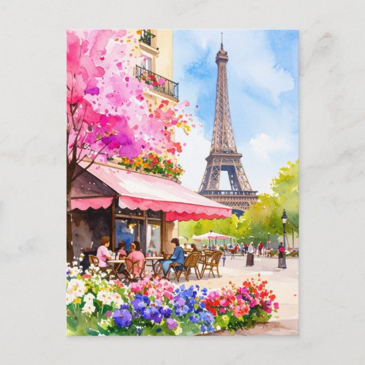 Watercolor Paris Eiffel Tower & Cafe Retro Briefkaart (Voorkant)