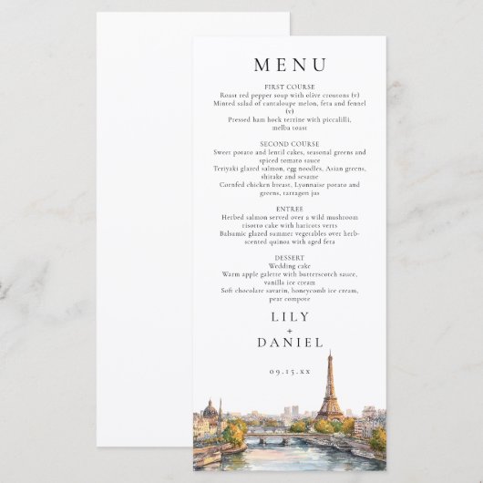 Watercolor Paris France Destination Wedding Menu (Voorkant / Achterkant)