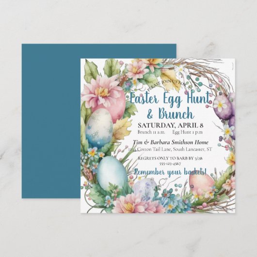 Watercolor Pasen Krans Uitnodiging Brunch, Eierenj (Voorkant / Achterkant)