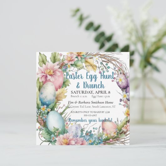 Watercolor Pasen Krans Uitnodiging Brunch, Eierenj (Staand voorkant)