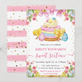 Watercolor Pasen Kuikens en Cake Lente Sweet 16 Kaart