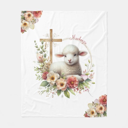 Watercolor Pasen Lam Met Naam Fleece Deken (Voorkant)