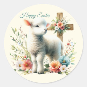 Watercolor Pasen Lam Met Naam Ronde Sticker