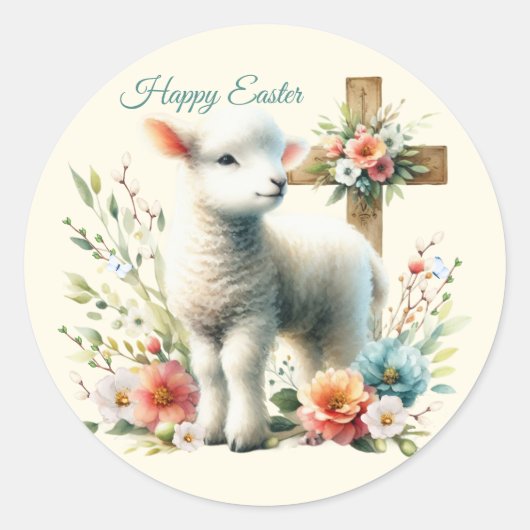 Watercolor Pasen Lam Met Naam Ronde Sticker (Voorkant)