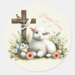 Watercolor Pasen Lam Met Naam Ronde Sticker
