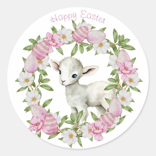 Watercolor Pasen Lam Met Naam Ronde Sticker (Voorkant)