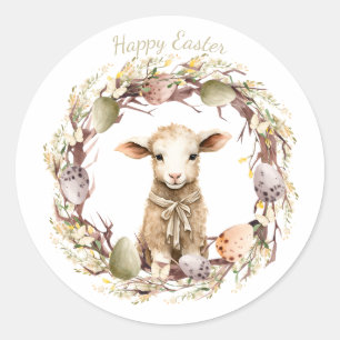 Watercolor Pasen Lam Met Naam Ronde Sticker
