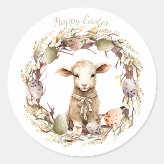 Watercolor Pasen Lam Met Naam Ronde Sticker (Voorkant)