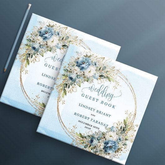 Watercolor Pastel Blue Floral Gold Guest Book Gastenboek