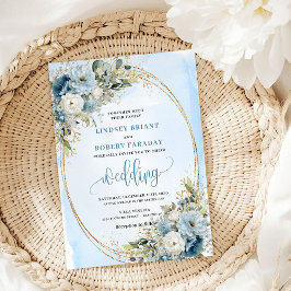 Watercolor Pastel Blue Flowers Gold Wedding Invite Kaart