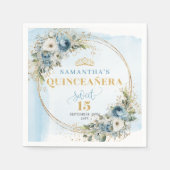 Watercolor Pastel Blue Flowers Greenery Gold 15th  Servet (Voorkant)