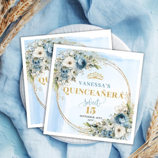 Watercolor Pastel Blue Flowers Greenery Gold 15th  Servet