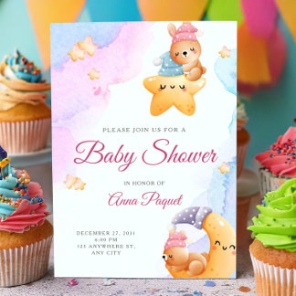 Watercolor Pastel Cute Teddy Bear Baby Shower Kaart