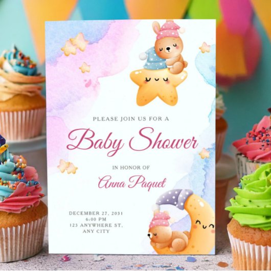 Watercolor Pastel Cute Teddy Bear Baby Shower Kaart