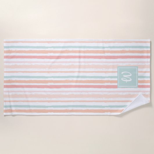 Watercolor Pastel Roze Perzik Strepen Monogram Strandlaken (Voorkant)