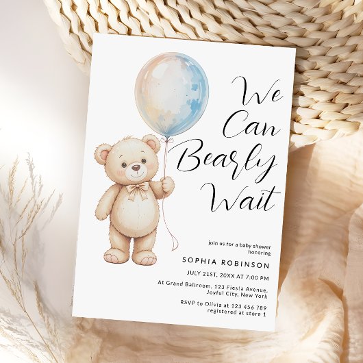 Watercolor Pastel Teddy Bear Balloon Baby Shower Kaart