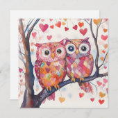 Watercolor Patchwork Uil Paar Valentijnsdag Feestdagenkaart (Voorkant / Achterkant)