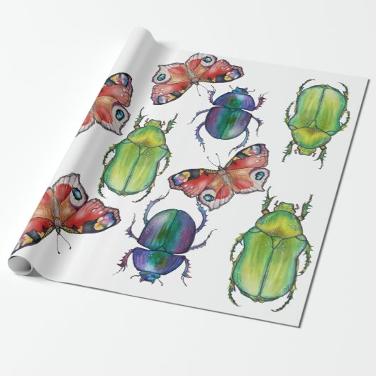 Watercolor pattern of beetles and butterflies cadeaupapier (Uitgerold)