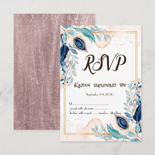 Watercolor Pauw Bloemmotief RSVP Kaart (Voorkant / Achterkant)