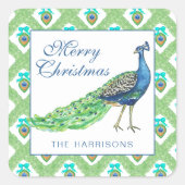 Watercolor Pauw Kerstmis Vierkante Sticker (Voorkant)