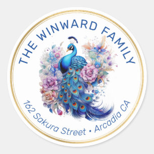 Watercolor Pauwbloem Adreskaart Ronde Sticker