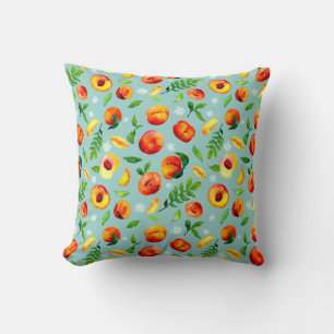 Watercolor Peach Green Leaves Blue background Kussen