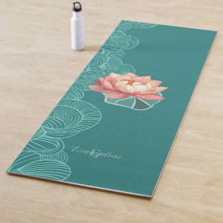 Watercolor Peach Lotus On Teal Personalized Yogamat