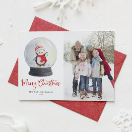 Watercolor Penguin Snowglobe Merry Christmas Photo Feestdagenkaart