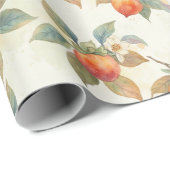 Watercolor Persimmon Fruit and Flowers  Cadeaupapier (Rol Hoek)