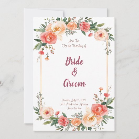 Watercolor Perzik Koraal Roze Gouden Frame Bloemmo Kaart (Voorkant)