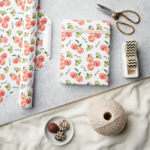 Watercolor Perziken en Groene Botanische Patroon Cadeaupapier