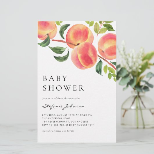 Watercolor Perziken Zomer Baby Shower Uitnodiging (Staand voorkant)