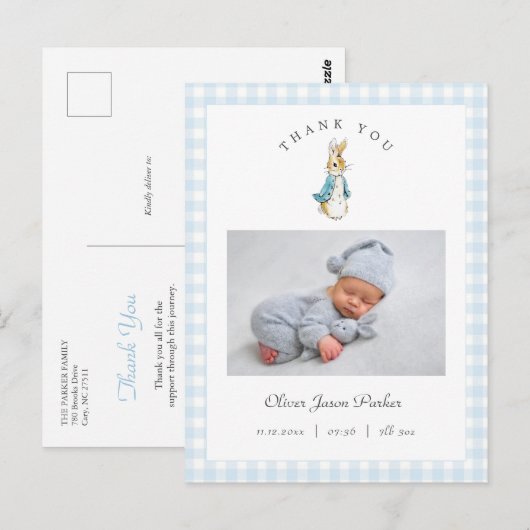 Watercolor Peter Rabbit Boy Birth Announcement Briefkaart (Voorkant / Achterkant)