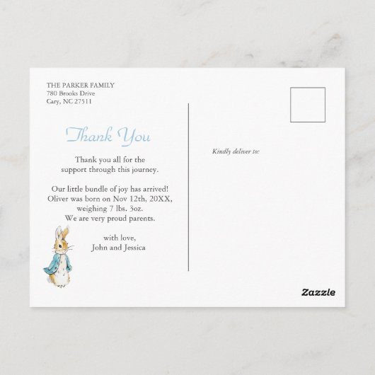 Watercolor Peter Rabbit Boy Birth Announcement Briefkaart (Achterkant)