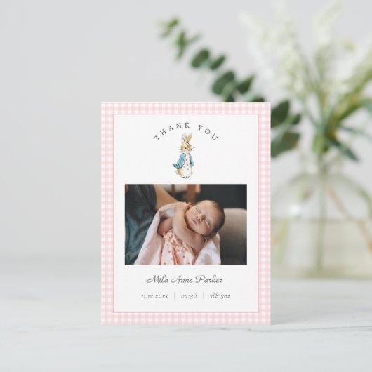 Watercolor Peter Rabbit Girl Birth Announcement Briefkaart (Staand voorkant)