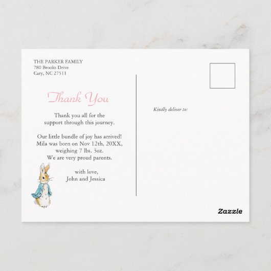 Watercolor Peter Rabbit Girl Birth Announcement Briefkaart (Achterkant)