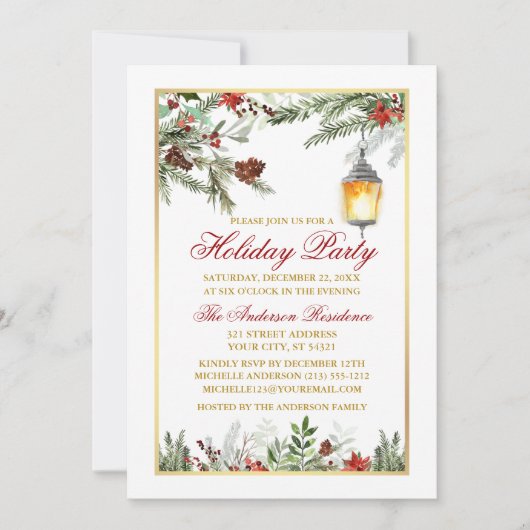 Watercolor Pijnboom Poinsettia Kerstfeest Goud Kaart (Voorkant)