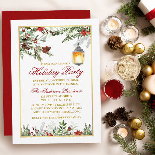 Watercolor Pijnboom Poinsettia Kerstfeest Goud Kaart