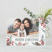 Watercolor pine and Berry Botanical photo Feestdagenkaart (Staand voorkant)