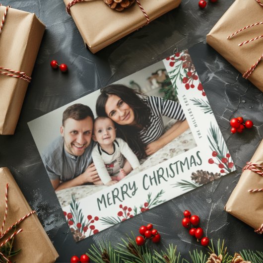 Watercolor pine and Berry Botanical photo Feestdagenkaart